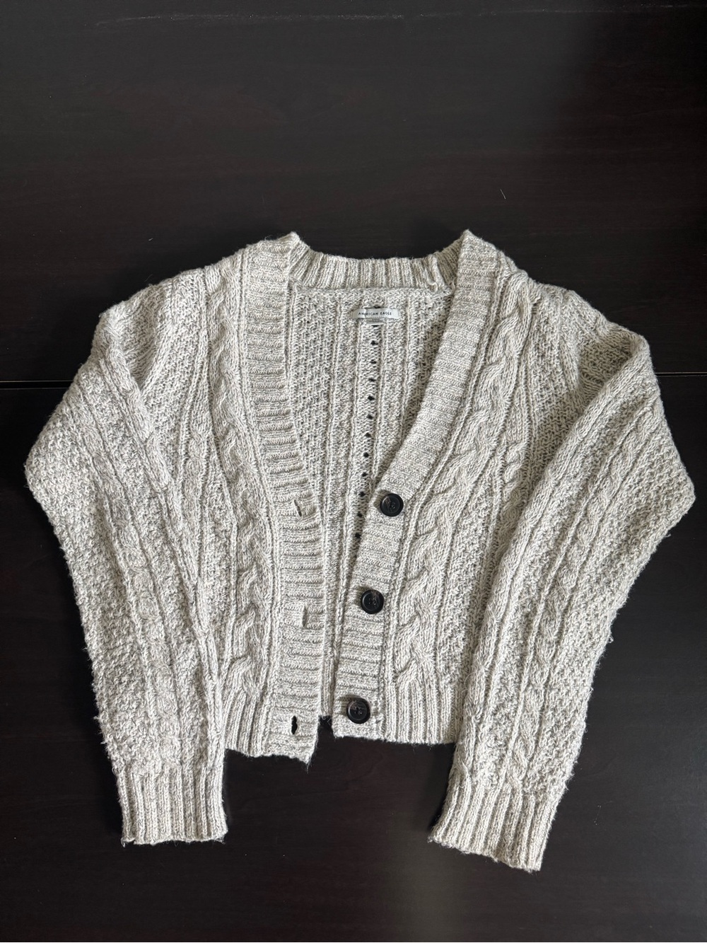 American Eagle Crop Cozy Cream Cable-Knit Button Cardigan Sweater
